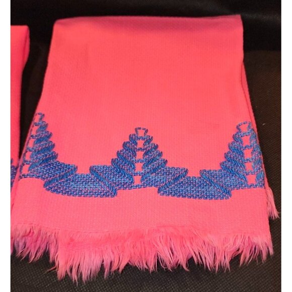 Vintage Pink Blue Geometric Embroidered Hand Towels 12" Square - Picture 2 of 8